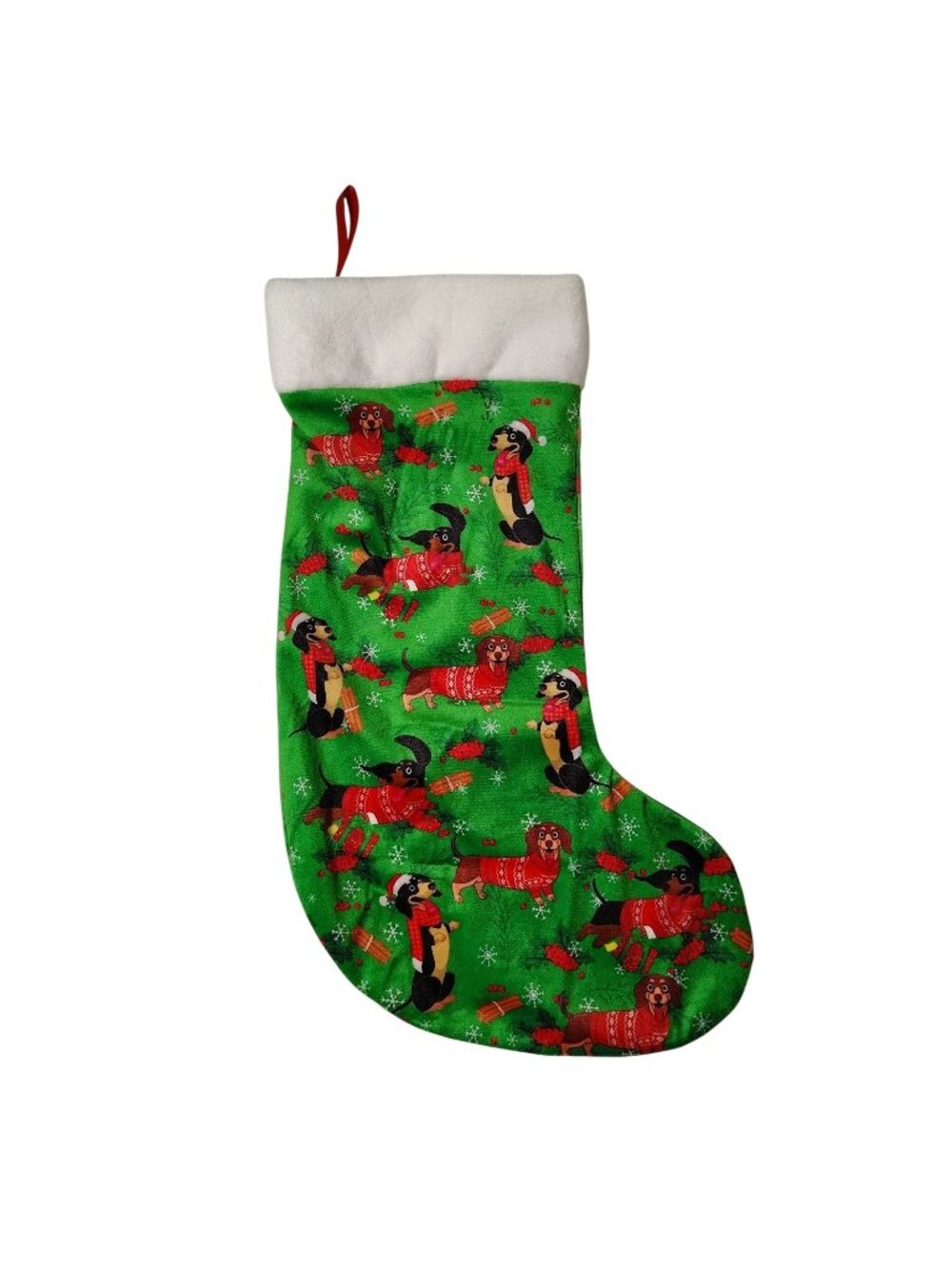 Green Christmas Stocking With Dachshunds in Cozy Red Sweaters Design